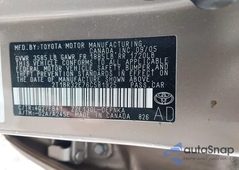 2006 Toyota Corolla Le из США, поврежденный, VIN 2T1BR32E76C581925